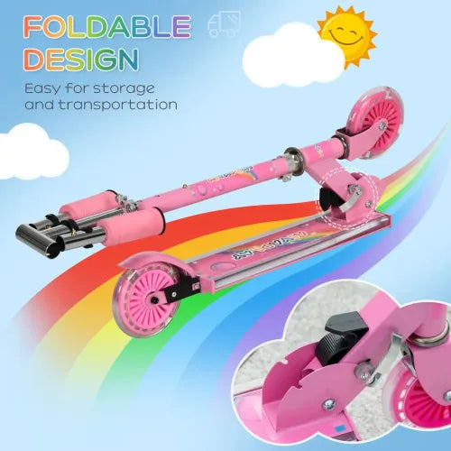 Foldable pink kids scooter with front wheel and deck wheel detail