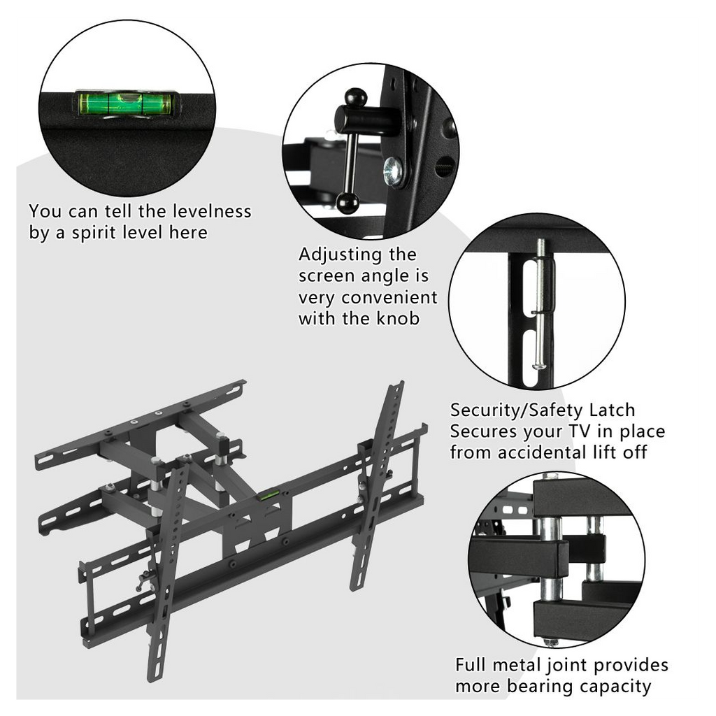 TV wall mount with tilt adjustment knob, safety latch details, and metal joint for support
