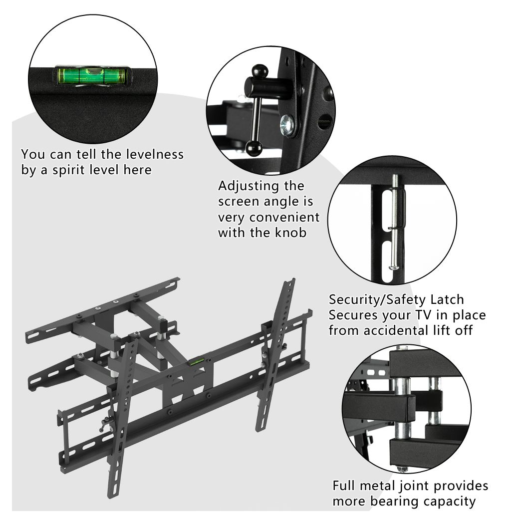 TV wall mount with tilt adjustment knob, safety latch details, and metal joint for support
