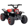 Kids electric quad bike with black and red body, handlebar and four knobby wheels