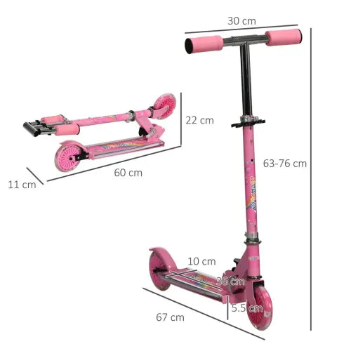 Pink kids scooter with visible dimensions on deck, wheels, and handlebar