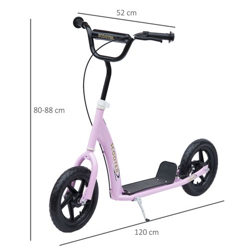 Kids kick scooter side view with pink frame, black wheels and handlebar.