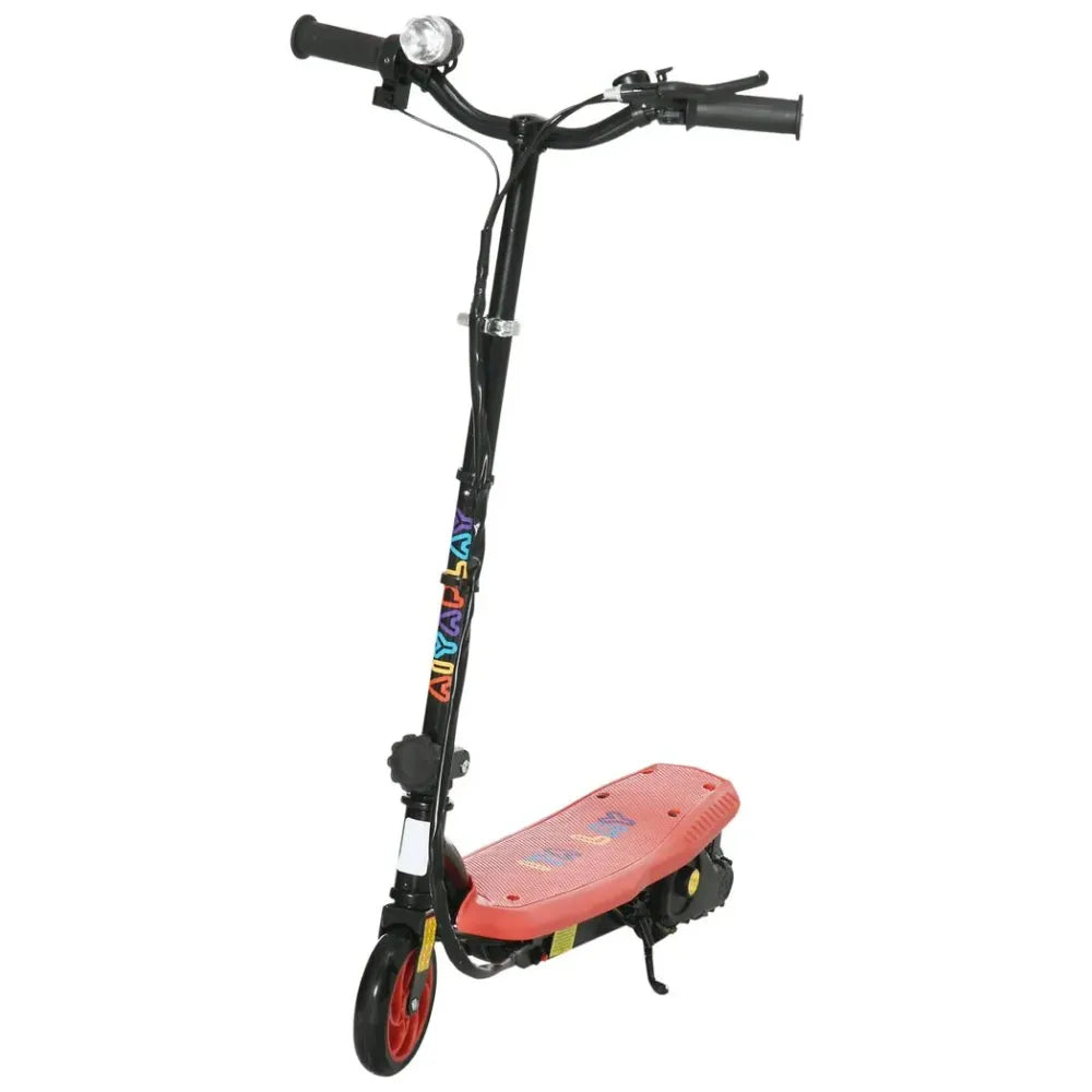 Red-deck electric scooter with black stem, handlebar, and LED headlight
