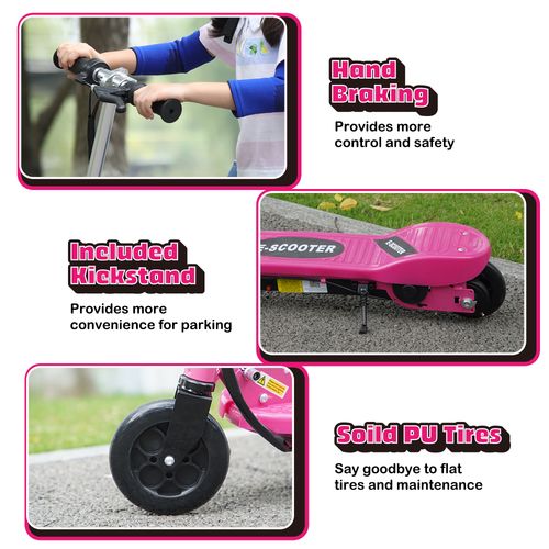 Pink scooter with hand brake lever, kickstand, and close-up of solid tires