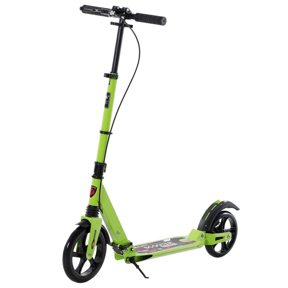 Green folding kick scooter with black handlebars and front wheel