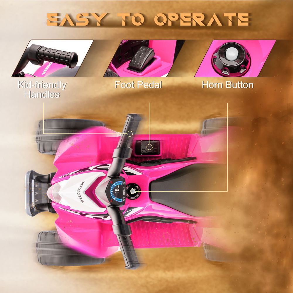 Pink electric quad bike with kid-friendly handle grips, foot pedal, and horn button