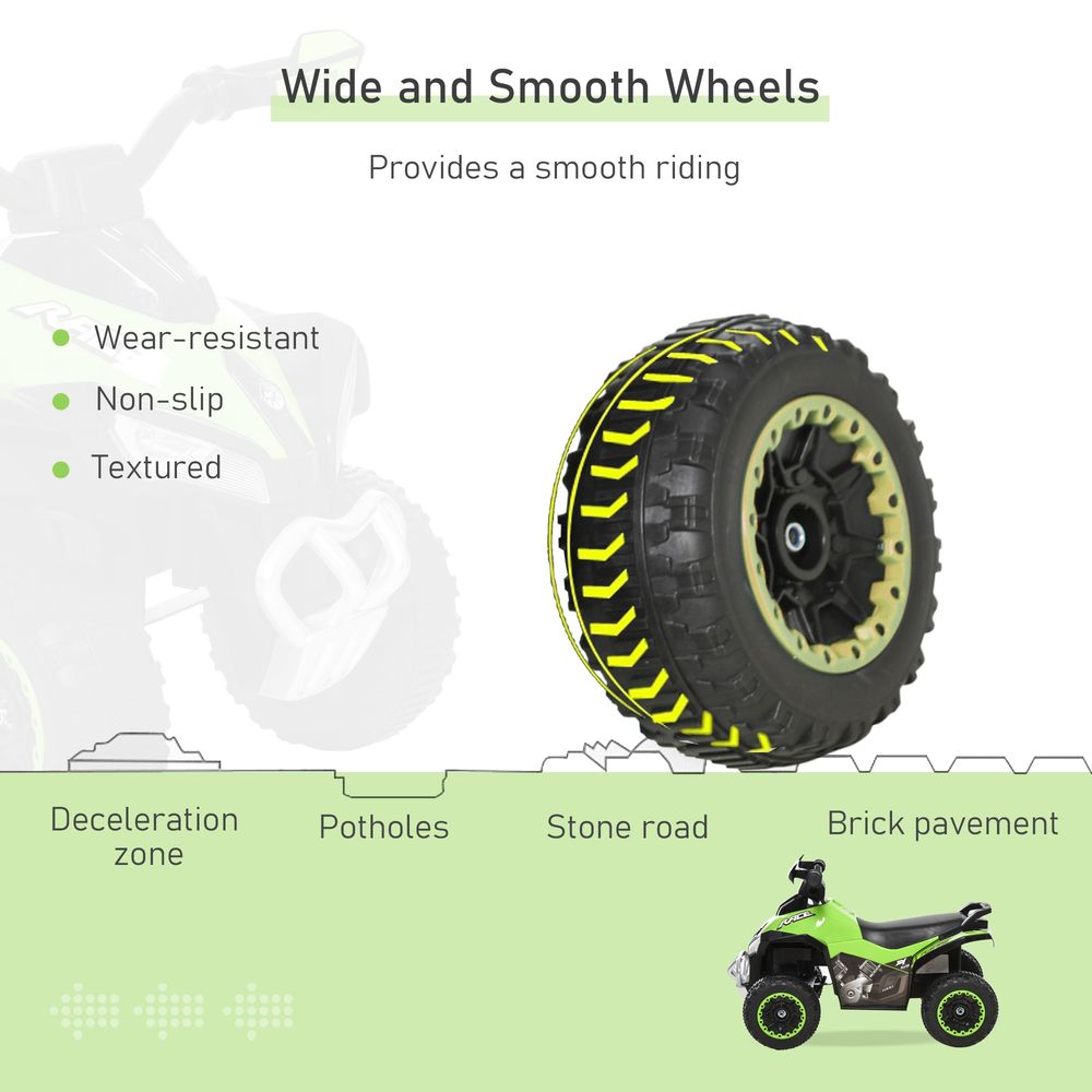 Close-up of green-rim tread wheels for toddler ride-on quad car, wear-resistant tires