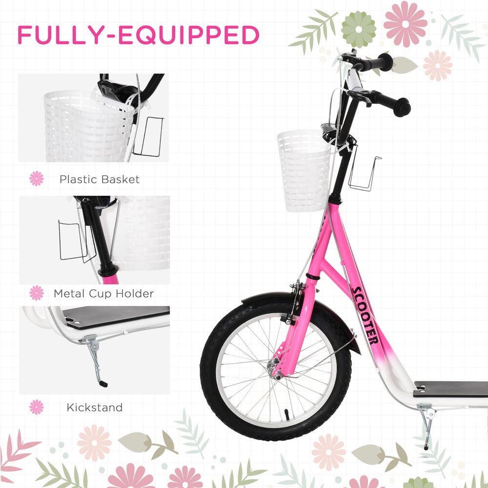 Pink kids ride-on scooter front wheel with white basket and black handlebars