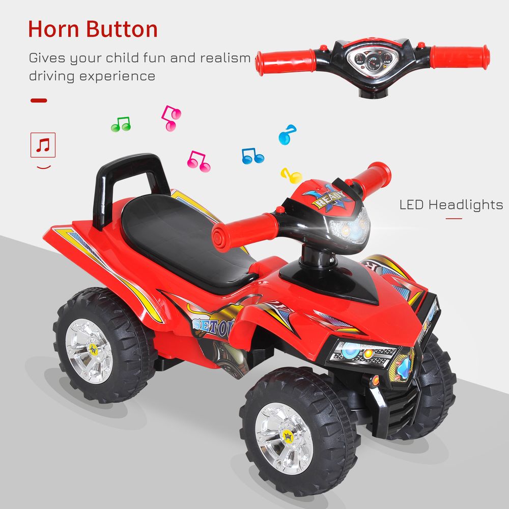 Red kids ride-on quad bike with horn button and LED-style headlights, 4 wheels