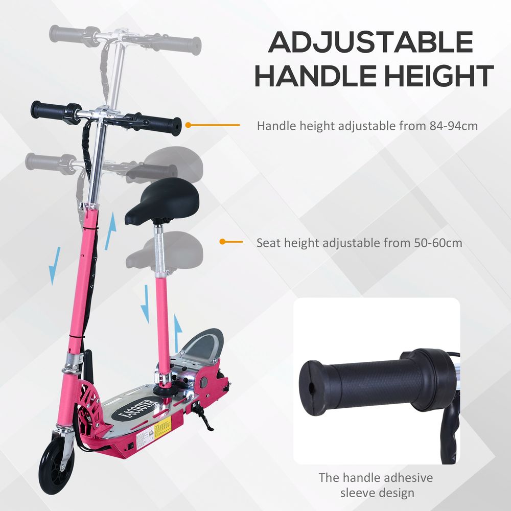 Pink electric scooter with adjustable handle height and seat, side view