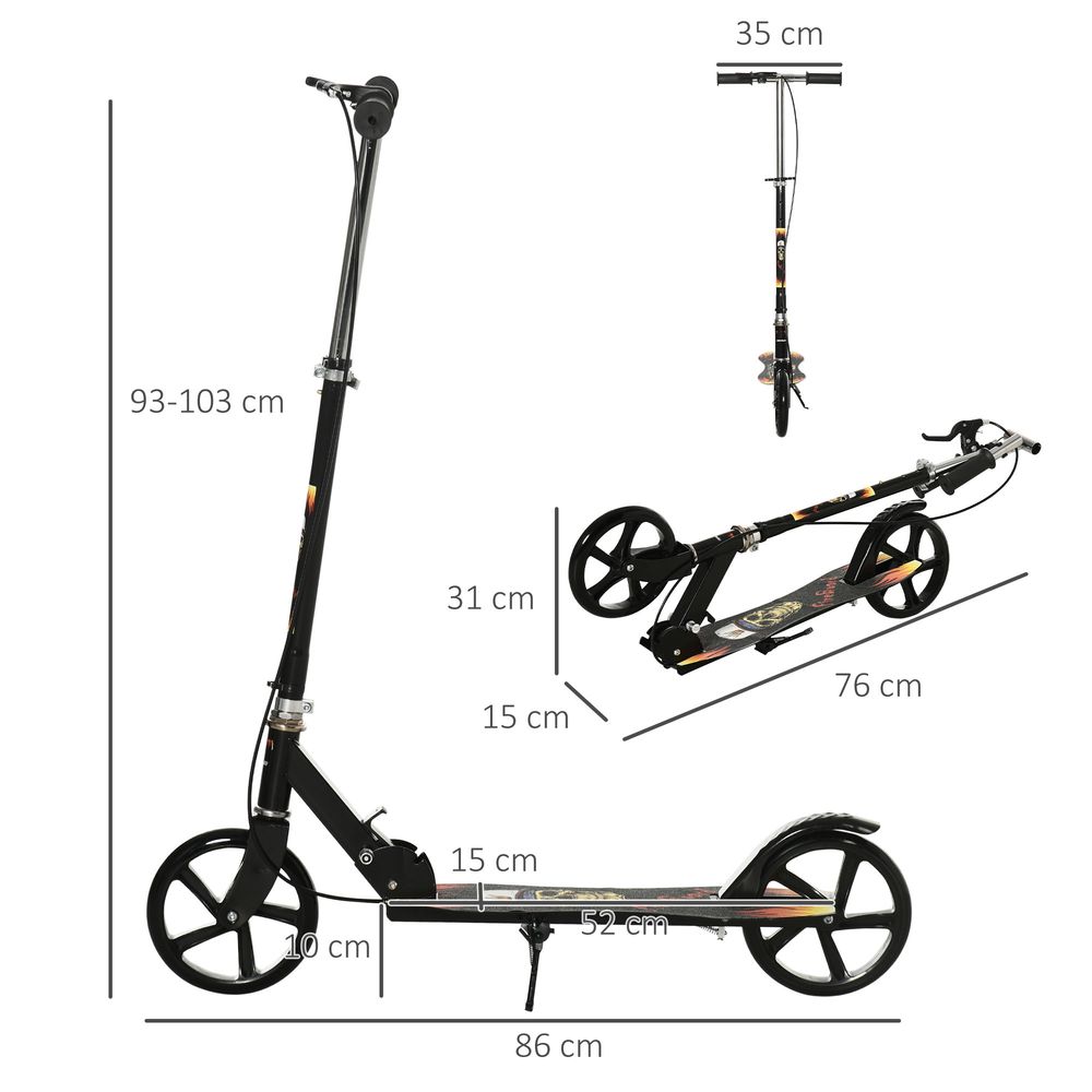 Foldable kids kick scooter, side view, black deck and large wheels