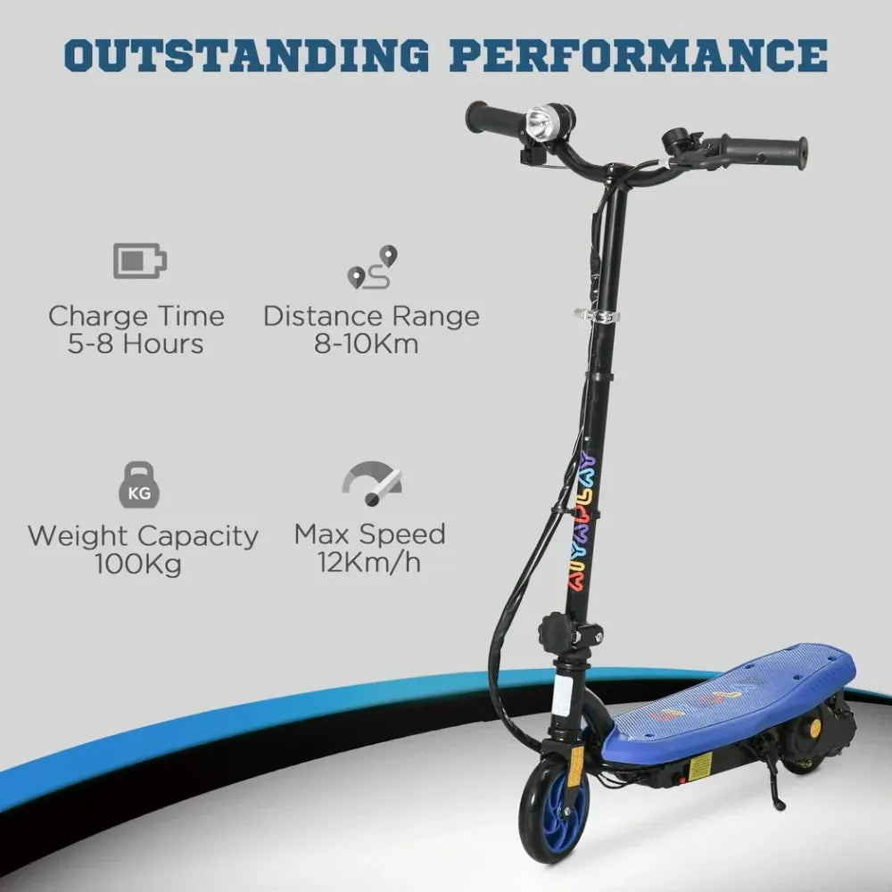 Blue electric scooter with blue foot deck, front LED headlight, and black frame