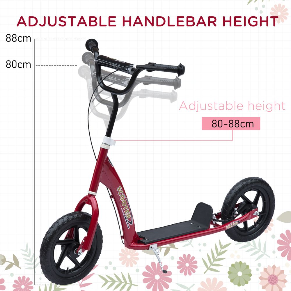 Red kids scooter with adjustable-height black handlebars and large black wheels