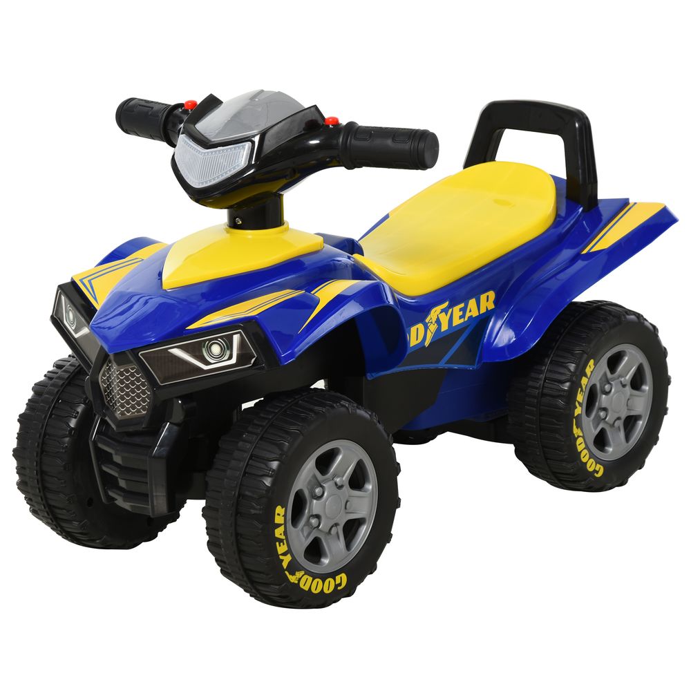 Blue and yellow quad bike ride-on toy with black handlebars and four chunky wheels.