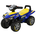 Blue and yellow quad bike ride-on toy with black handlebars and four chunky wheels.
