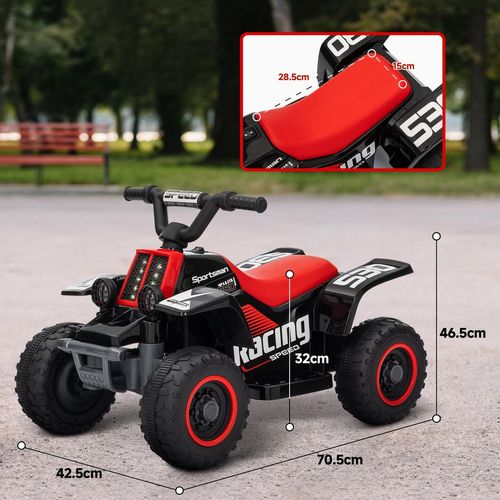 Black and red kids electric quad bike with red seat, side profile and four tires