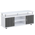 Grey and white TV stand with open center shelves and side cabinet doors