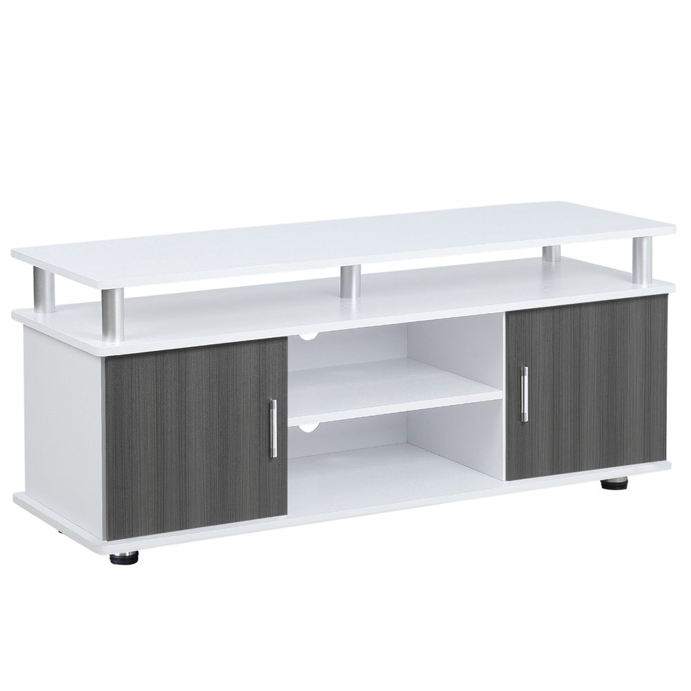 Grey and white TV stand with open center shelves and side cabinet doors