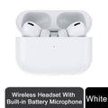 White wireless earbuds in open charging case, visible stems and speaker grilles