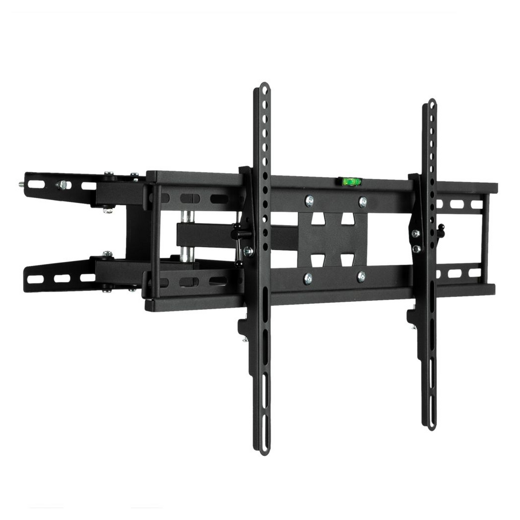 Black full motion TV wall mount bracket with VESA holes, dual vertical rails and swivel arms