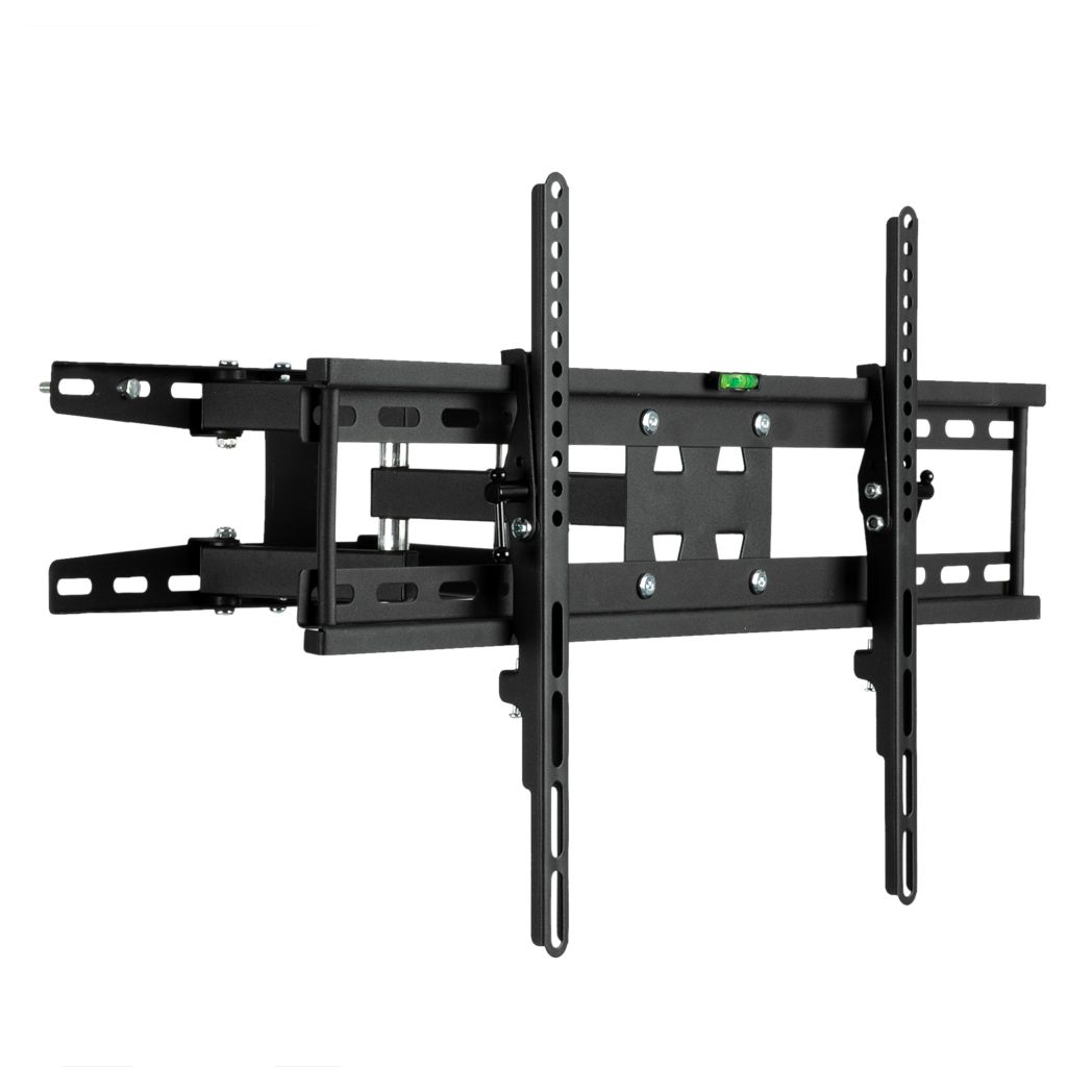 Black full motion TV wall mount bracket with VESA holes, dual vertical rails and swivel arms
