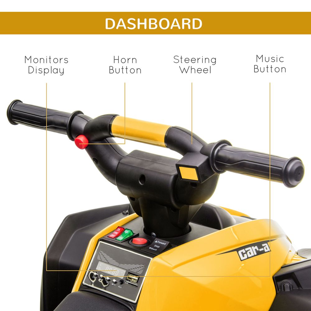 Kids yellow electric quad bike dashboard controls with steering wheel, horn and music