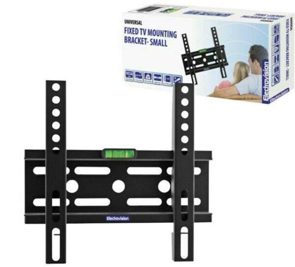 Fixed TV wall mounting bracket with VESA rails, leveling bubble, and mounting arms