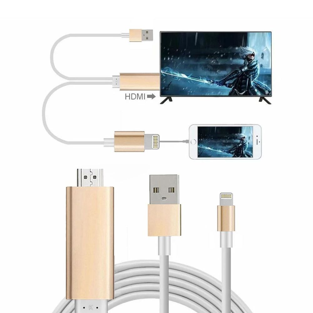 HDMI cable with gold adapter and multiple connector ends for TV and phone