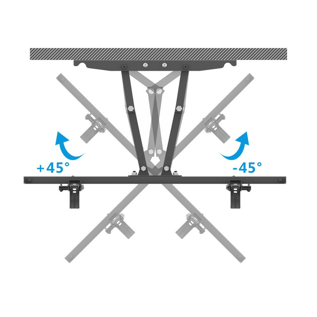TV mount tilt range diagram showing pivot angles up to +45° and -45°