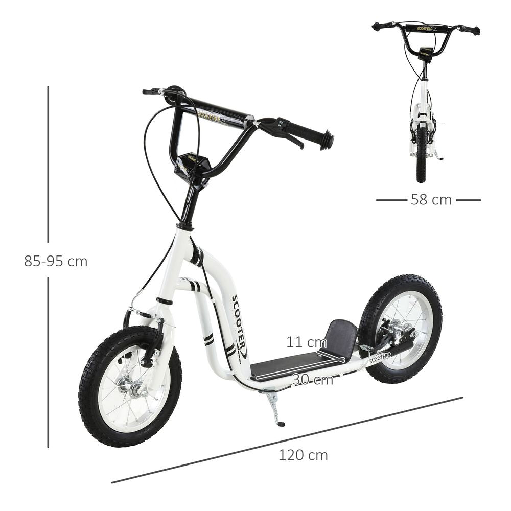 White adjustable kids kick scooter with black seat, 12-inch wheels, and black handlebar