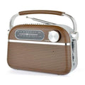 Brown vintage-style Bluetooth rechargeable radio with wood-look front and tuning dial