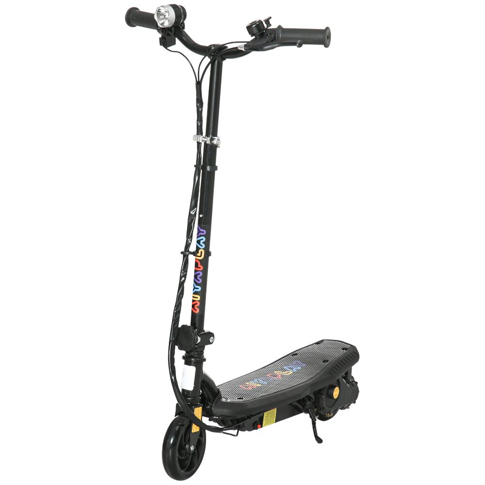 Black electric scooter with handlebars, textured deck, and front headlight