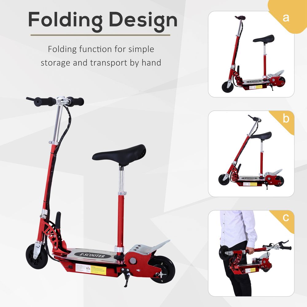 Red foldable powered scooter with black seat and deck, folding storage view