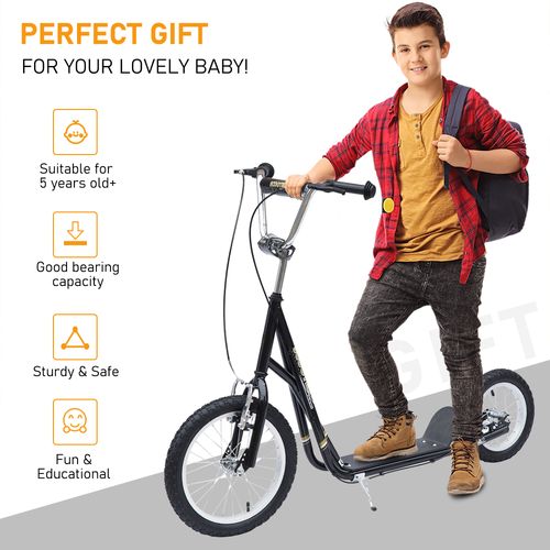 Kids kick scooter with black frame, silver handlebar, large front wheel, kickstand
