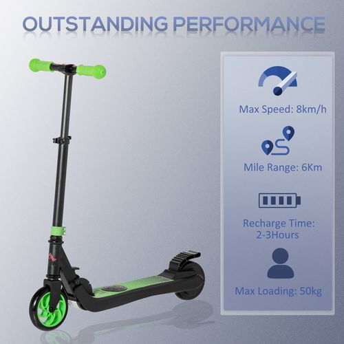 Green folding electric scooter with rear wheel brake, black deck and handlebars