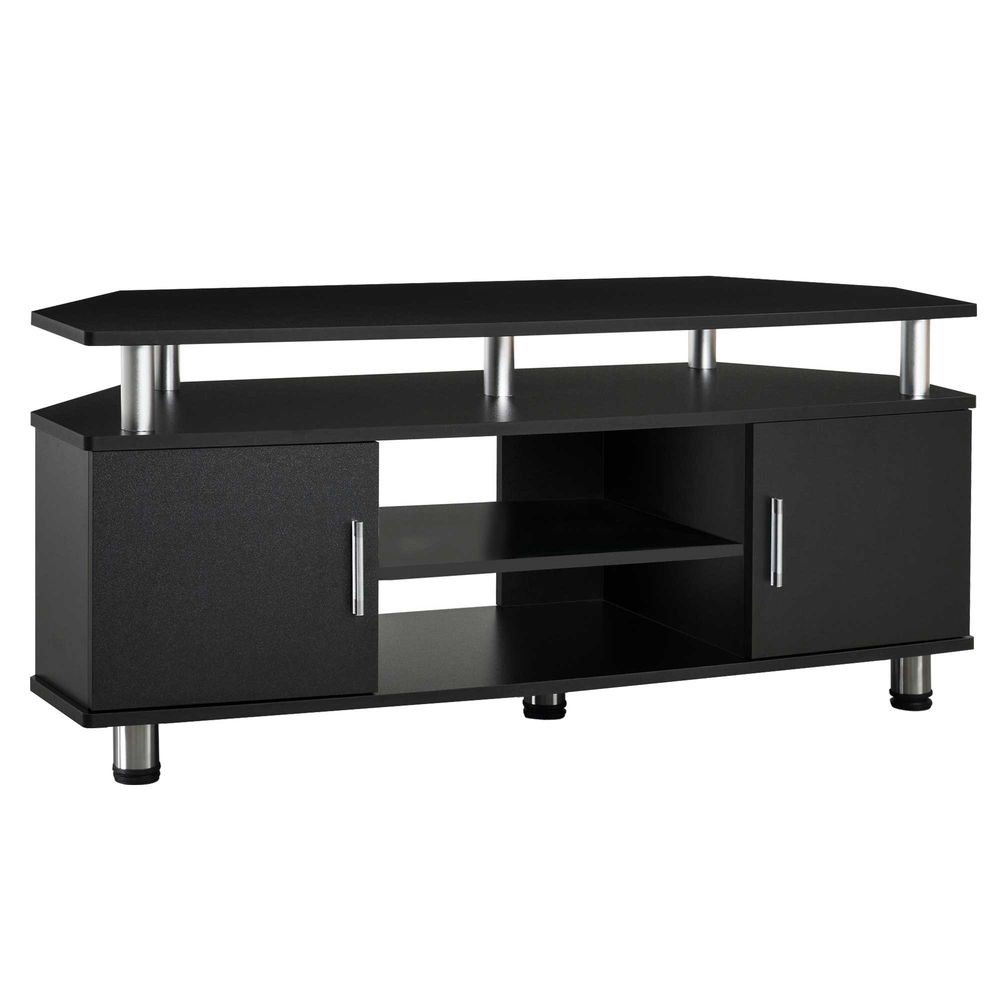 Black TV unit cabinet with two door storage and open center shelves, metal legs