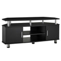 Black TV unit cabinet with two door storage and open center shelves, metal legs
