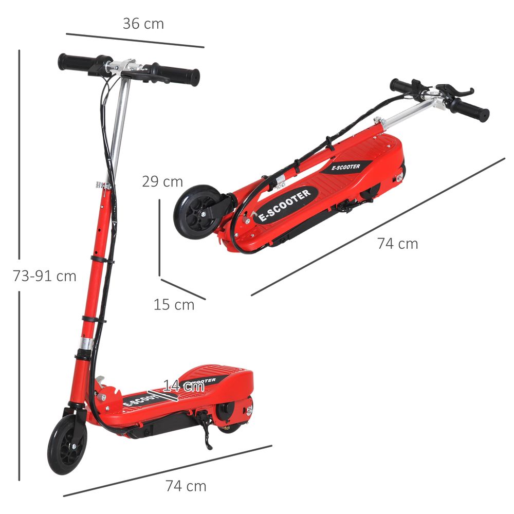 Red folding kids electric scooter side view with overall size measurements