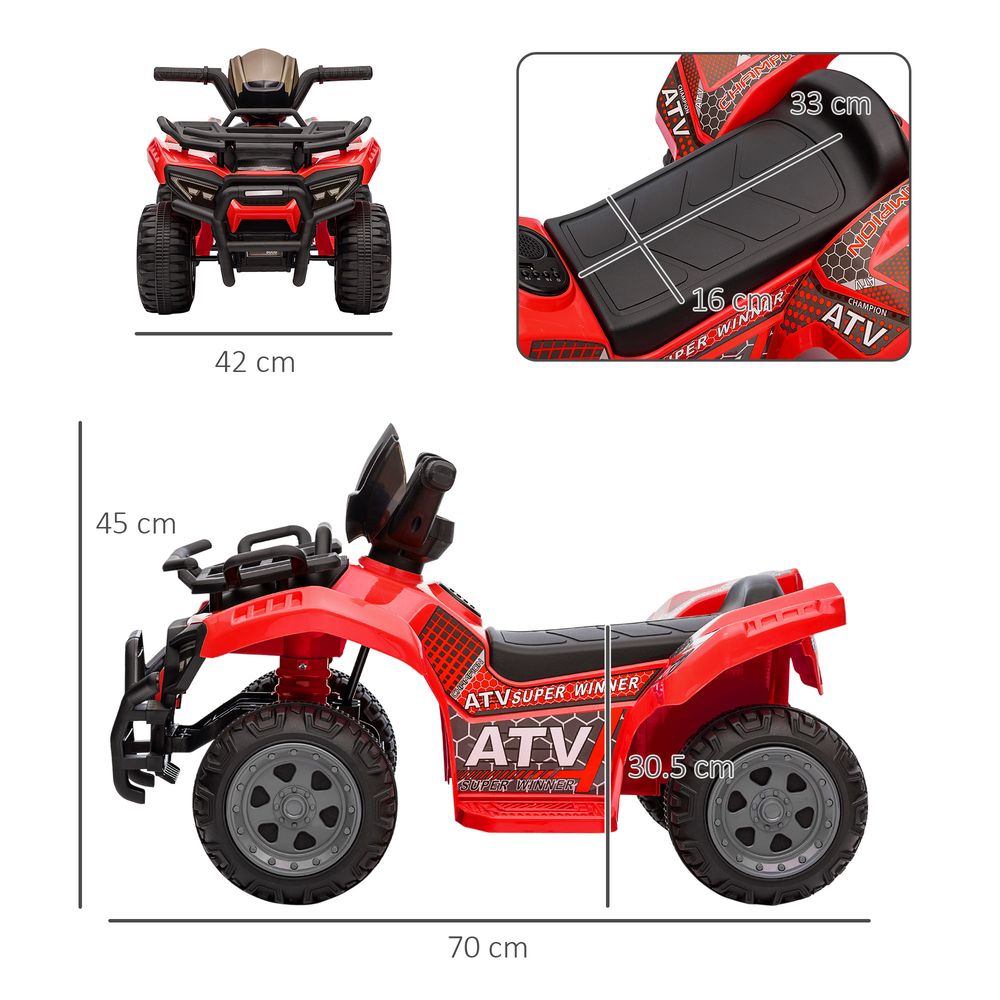 Red kids quad ATV with seat and handlebars, shown with side and top size views.