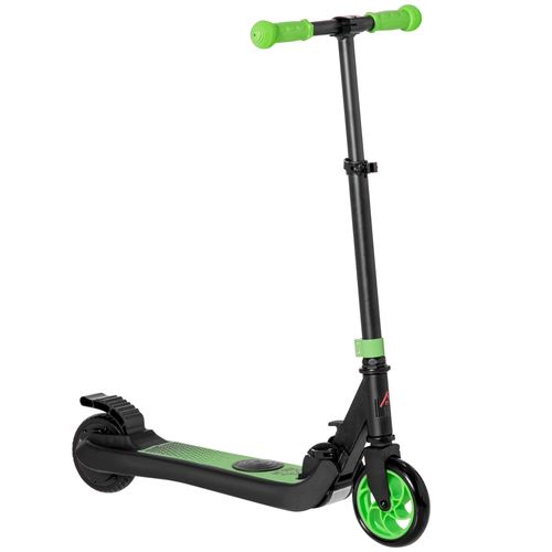 Green and black folding electric scooter with front wheel, deck, and green handlebar grips