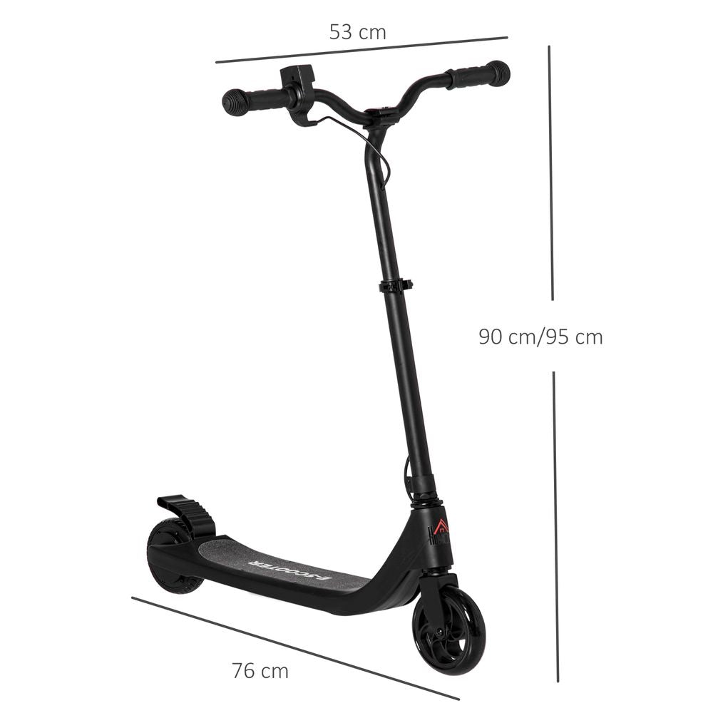 Black electric scooter with handlebars and deck, with height and length measurements shown