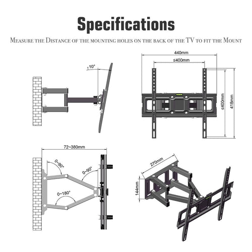 Double pendulum TV wall mount bracket diagram, VESA 400x400, tilt -10° to 10°.