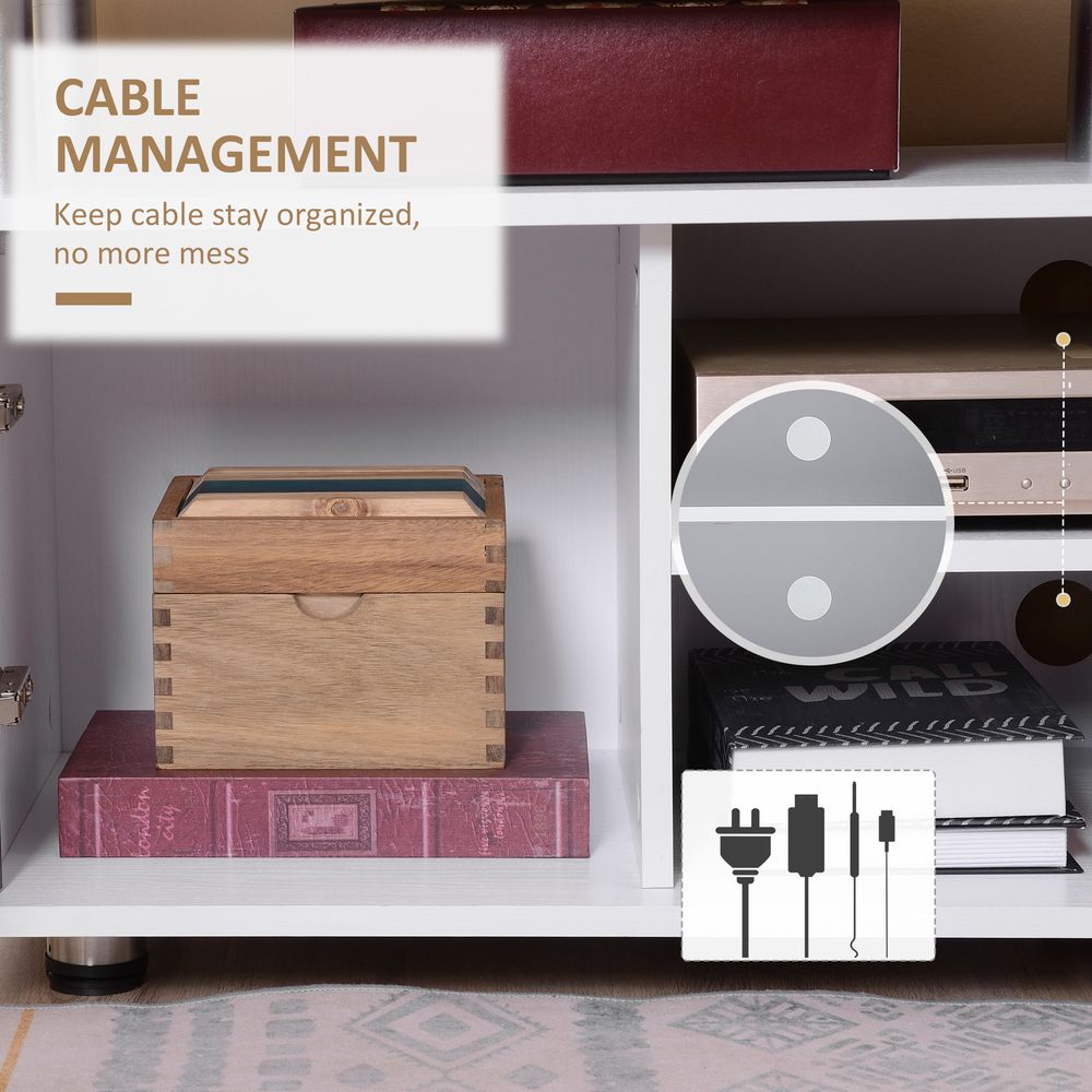 TV stand interior with cable management grommet and open storage compartments