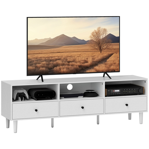 White TV cabinet with open center shelves, two drawers, and side compartments