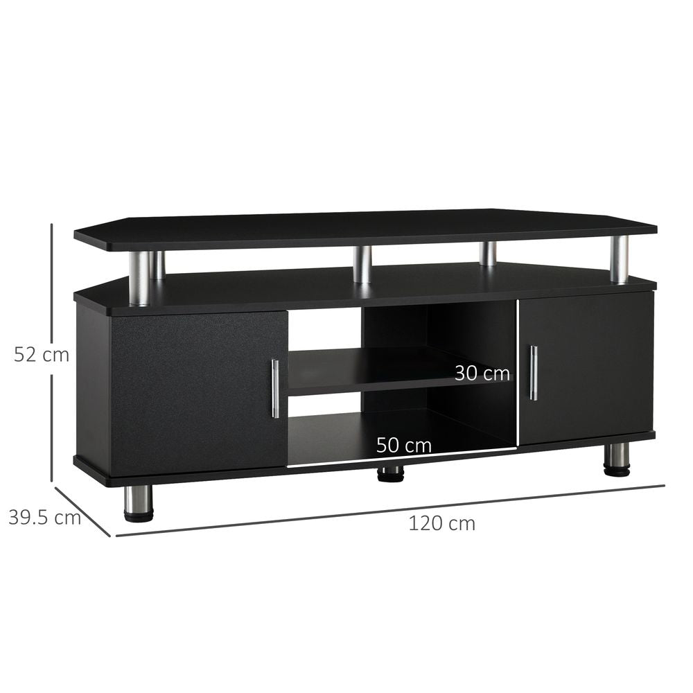 Black TV stand cabinet with open shelf center, two side doors, metal legs and bars