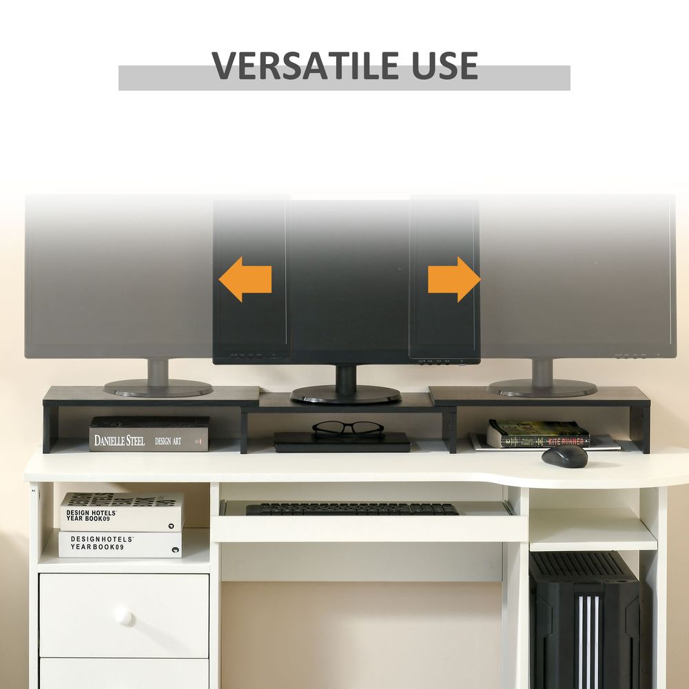 Black monitor stand riser for flexible placement under monitors, with directional arrows