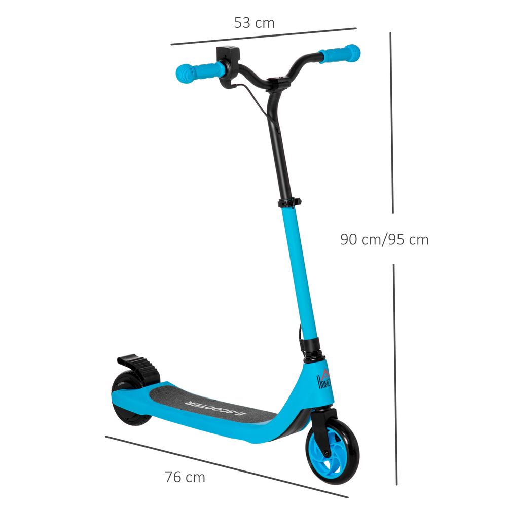 Blue electric scooter with black handlebar, front wheel, and textured foot deck