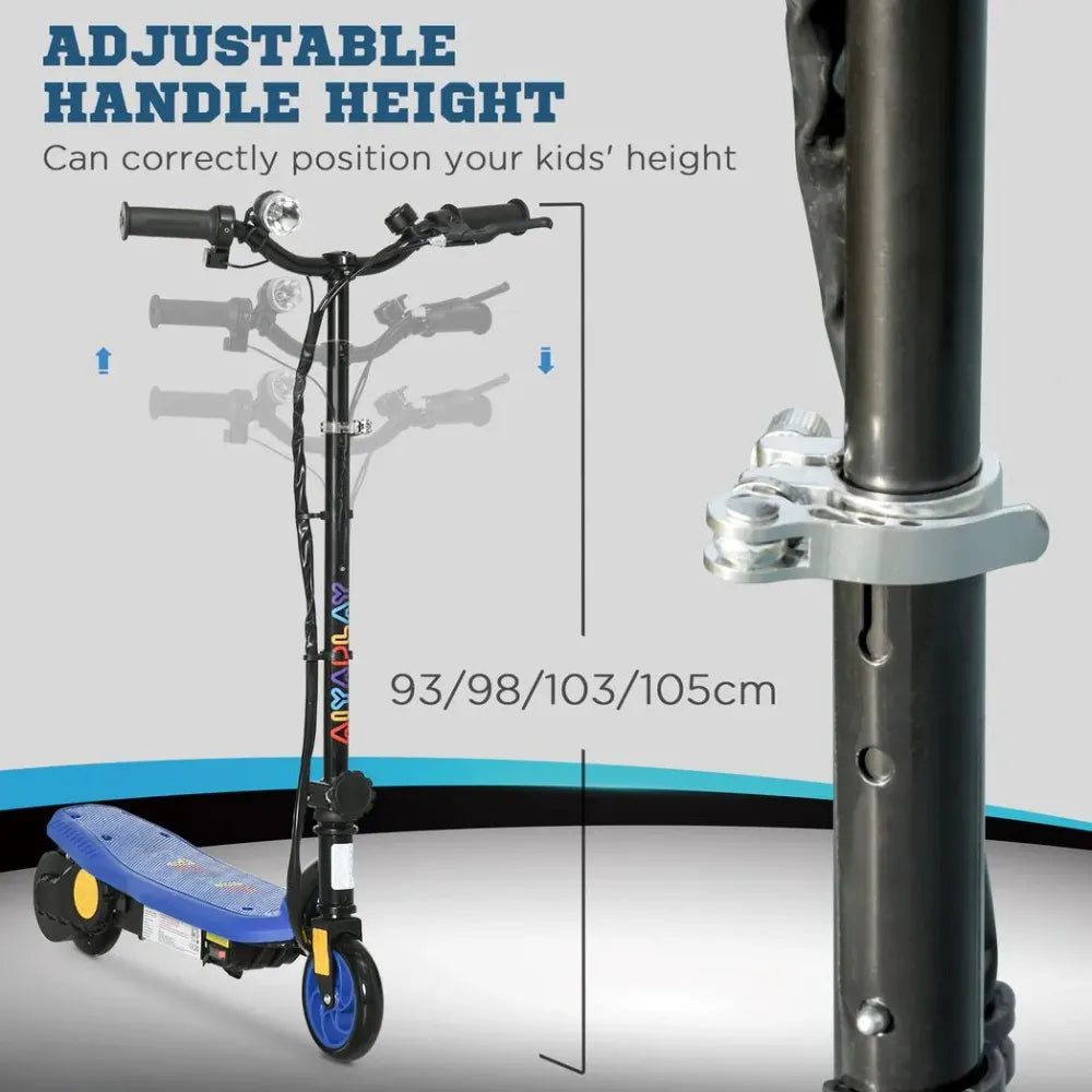 Blue electric scooter with adjustable handle height post and front wheel