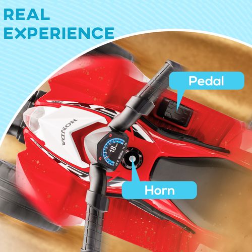 Close-up of red kids electric quad bike handlebar controls with front horn area