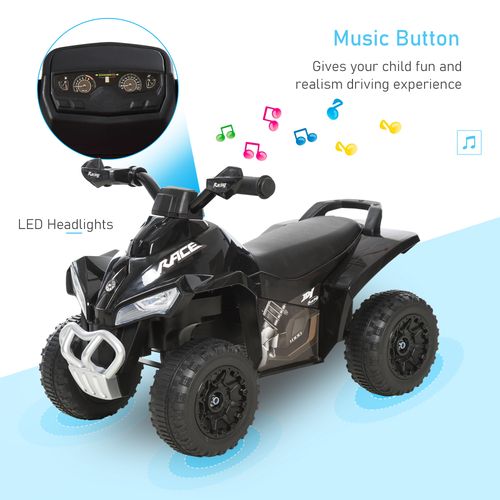 Black toddler quad ride-on car with dashboard display and front LED headlight